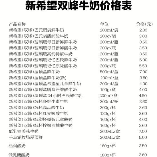 新希望双峰牛奶价格表